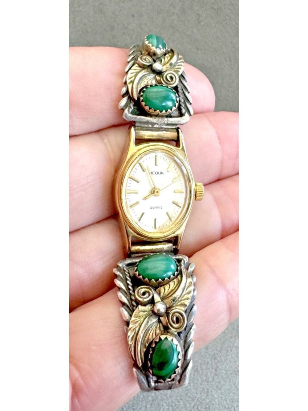 Vintage Navajo STERLING Silver Gold Vermeil MALACHITE WATCH TIPS +Women's Watch